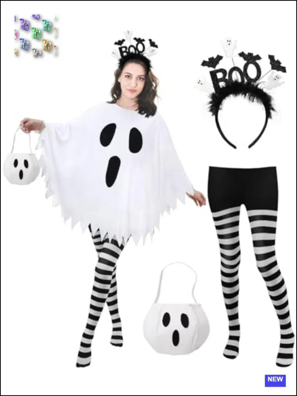 Ghost Halloween Costume Set for Women with Poncho Tights Headband Candy Bag
